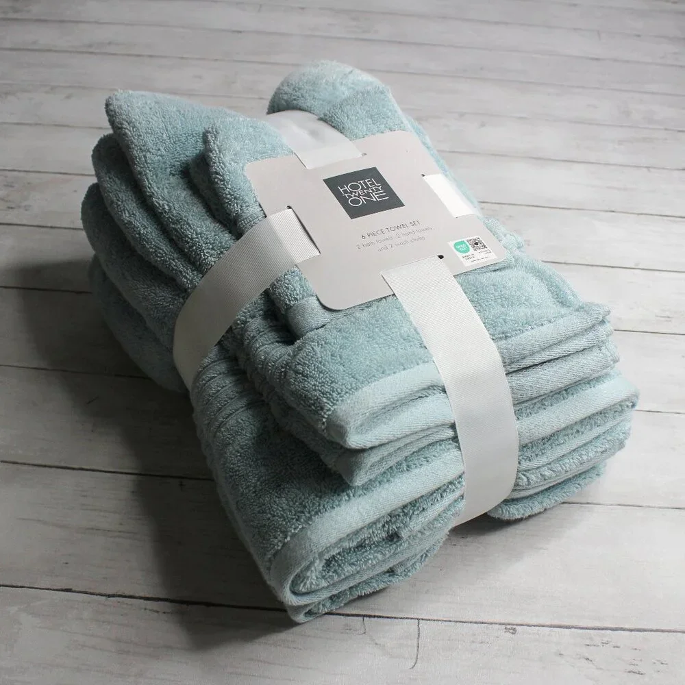 Hotel Bath Towel Set 100% Cotton Aqua Blue Hand Towels Washcloth 6 Piece